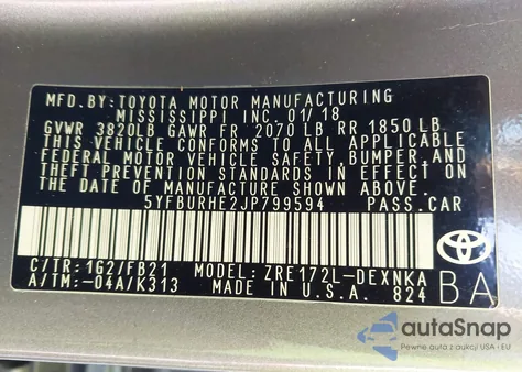 2018 Toyota Corolla Le from USA, damaged, VIN 5YFBURHE2JP799594